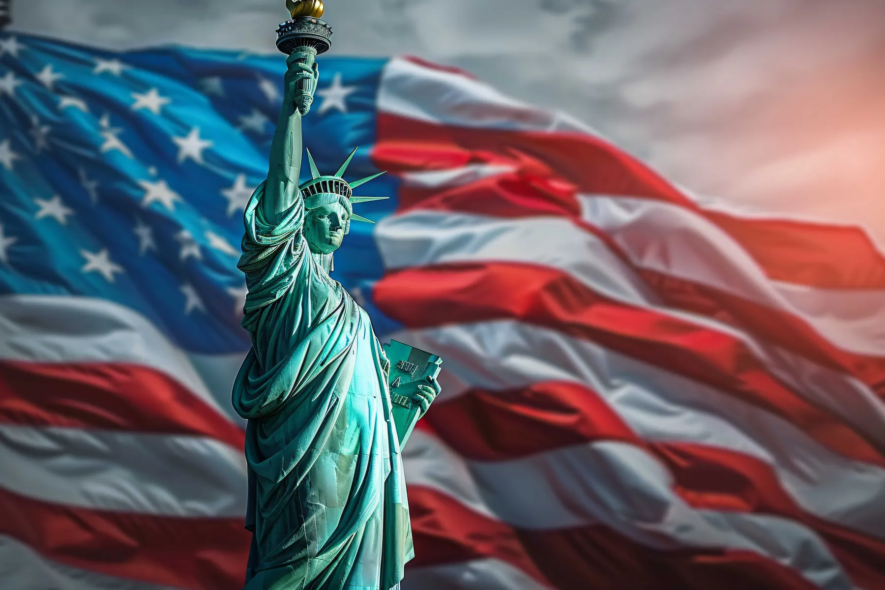 Estátua da Liberdade diante da bandeira dos Estados Unidos em tons frios